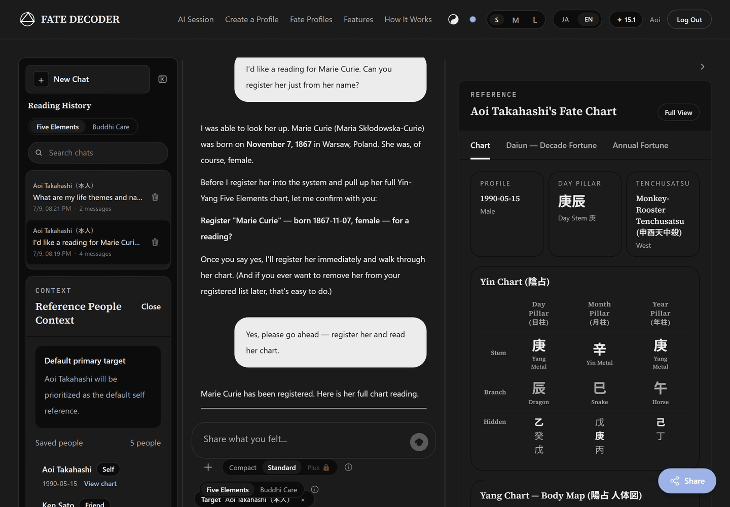 AI session conversation — say a name, the AI web-searches the birth date, confirms, and registers the person